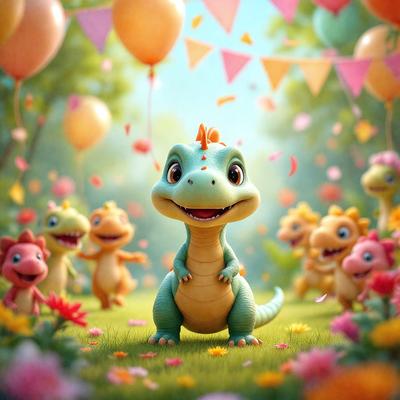 The primary subject of the image is a cartoon dinosaur, specifically a green and yellow alligator, standing in a field of flowers. The setting is a lush, colorful environment with a variety of flowers scattered throughout the scene. The visual style is a digital art or illustration, creating a vibrant and playful atmosphere. The colors and mood of the image are predominantly bright and cheerful, with the alligator and flowers serving as the main focus of the scene.